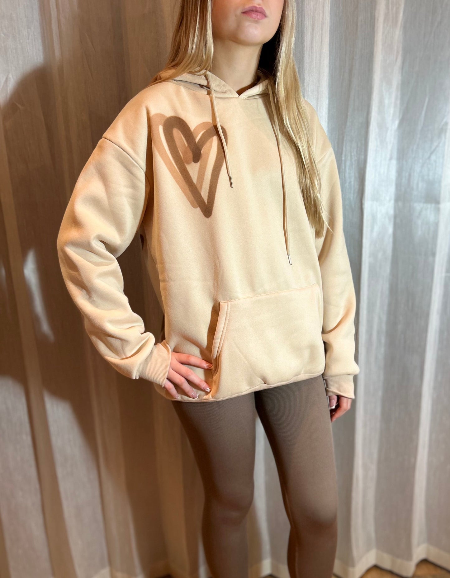 Beige Hoodie with Brown/Cream Heart Graffiti Spray