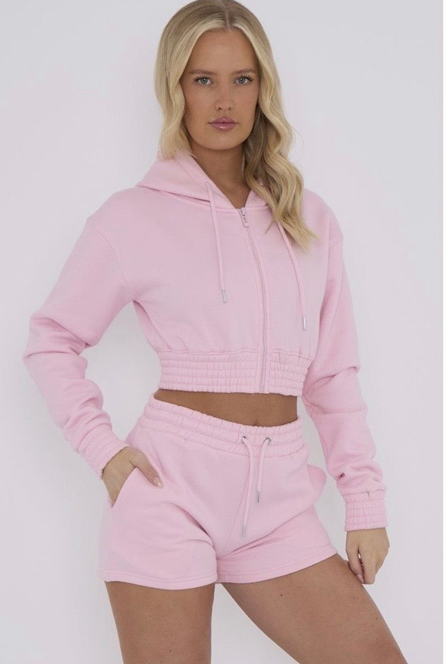 Graffiti Spray - Cropped Zip Up Ruched Sleeve Hoodie & Short Co Ord Set - Pink