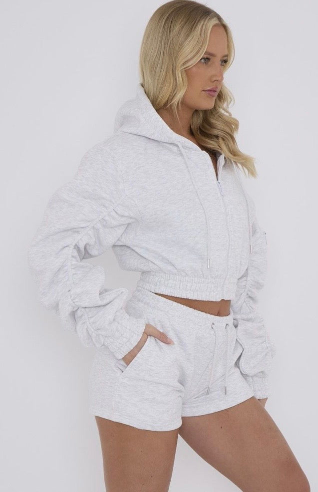 Cropped Zip Up Ruched Sleeve Hoodie & Short Co Ord Set - Grey