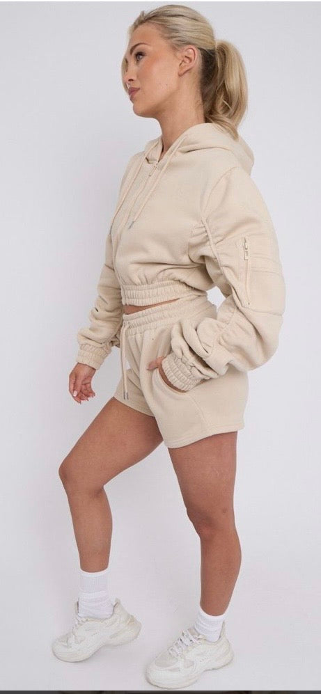 Cropped Zip Up Ruched Sleeve Hoodie & Short Co Ord Set - Stone/Beige