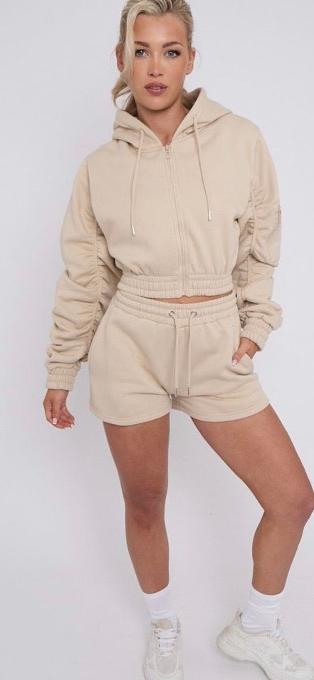 Cropped Zip Up Ruched Sleeve Hoodie & Short Co Ord Set - Stone/Beige