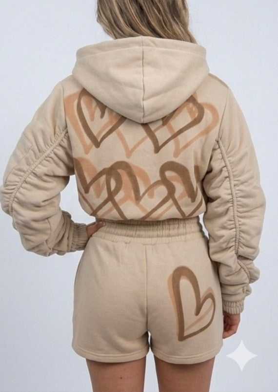 Graffiti Spray - Cropped Zip Up Ruched Sleeve Hoodie & Short Co Ord Set - Stone/Beige