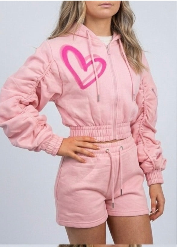 Graffiti Spray - Cropped Zip Up Ruched Sleeve Hoodie & Short Co Ord Set - Pink