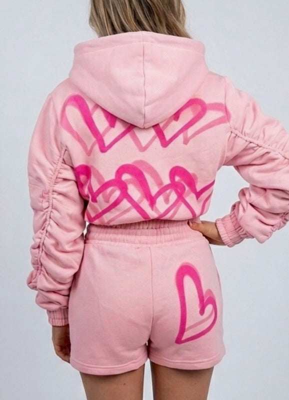 Graffiti Spray - Cropped Zip Up Ruched Sleeve Hoodie & Short Co Ord Set - Pink