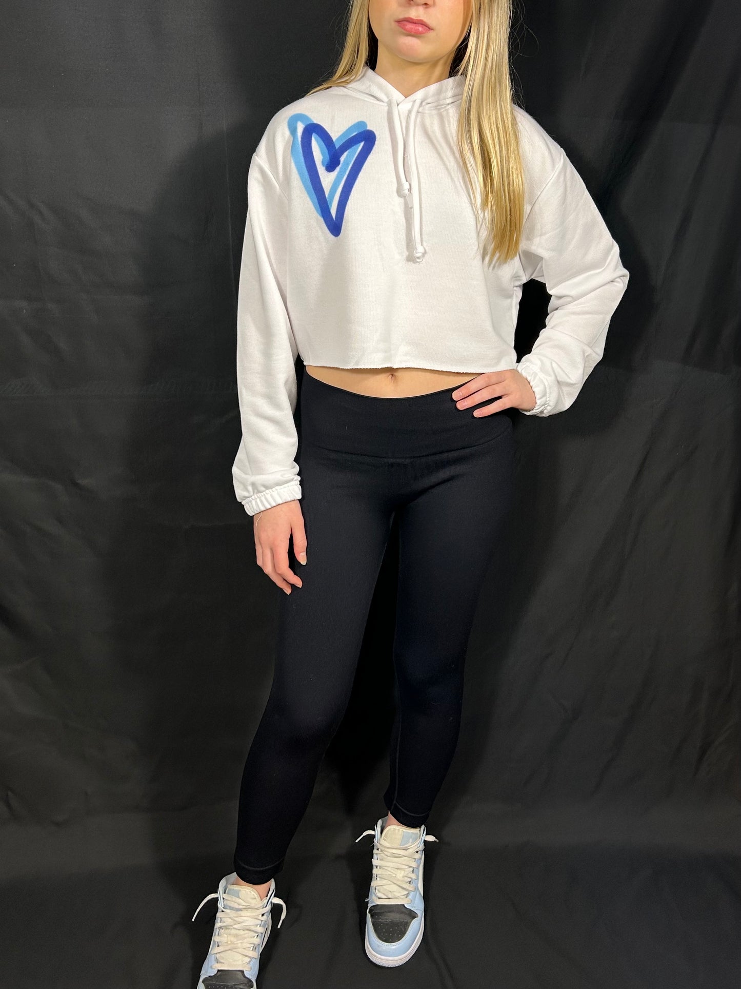 Cropped Hoodie with Blue Graffiti Spray Hearts