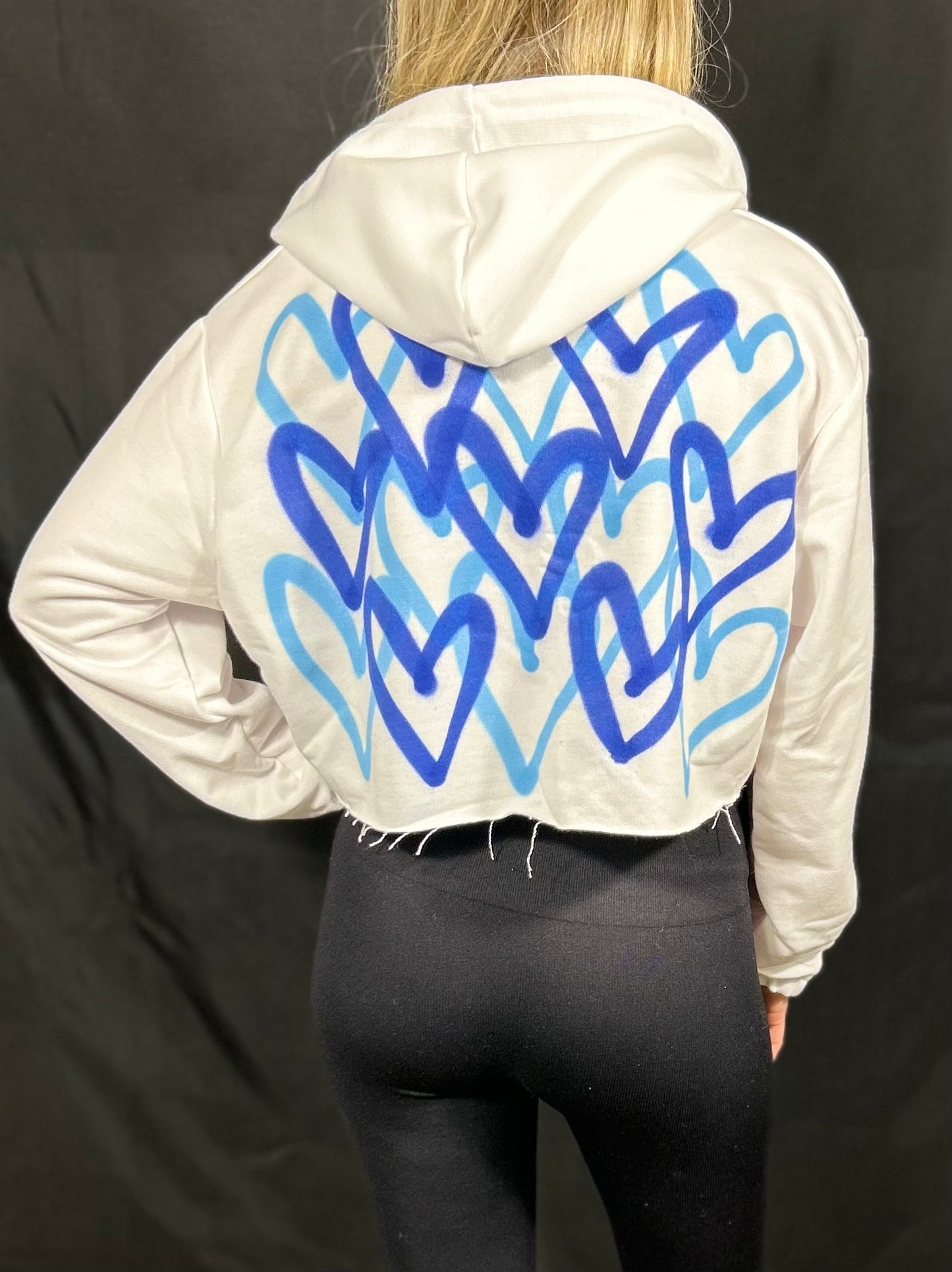 Cropped Hoodie with Blue Graffiti Spray Hearts