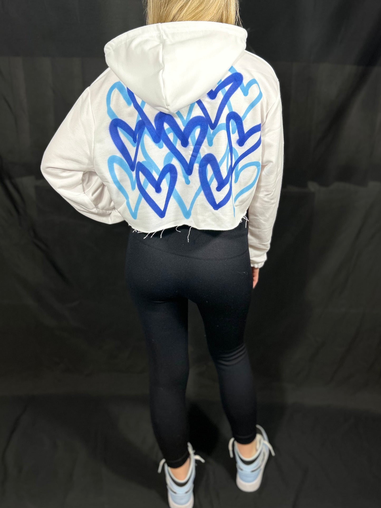 Cropped Hoodie with Blue Graffiti Spray Hearts