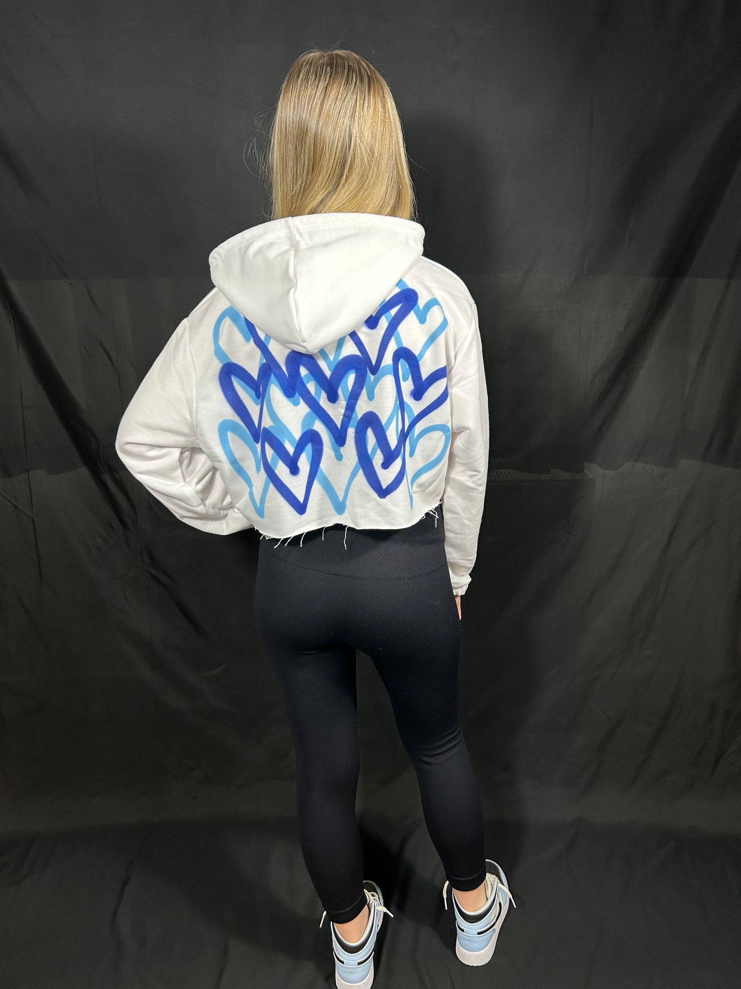 Cropped Hoodie with Blue Graffiti Spray Hearts