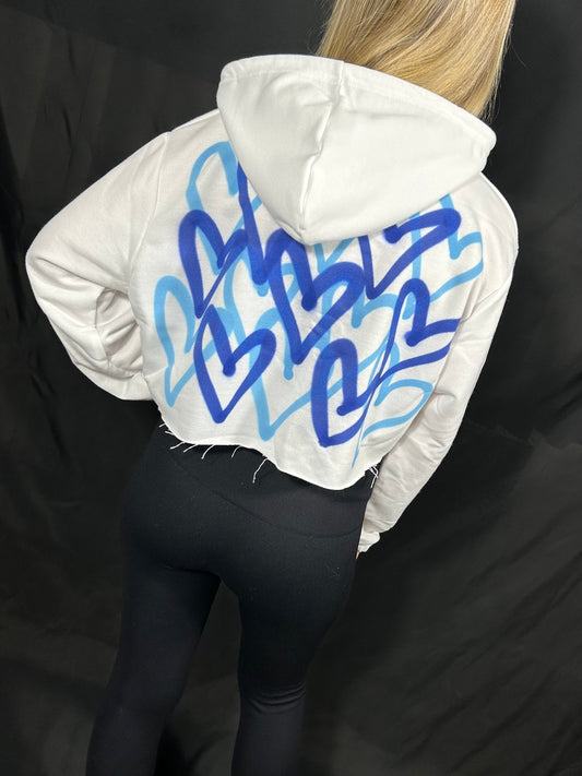 Cropped Hoodie with Blue Graffiti Spray Hearts