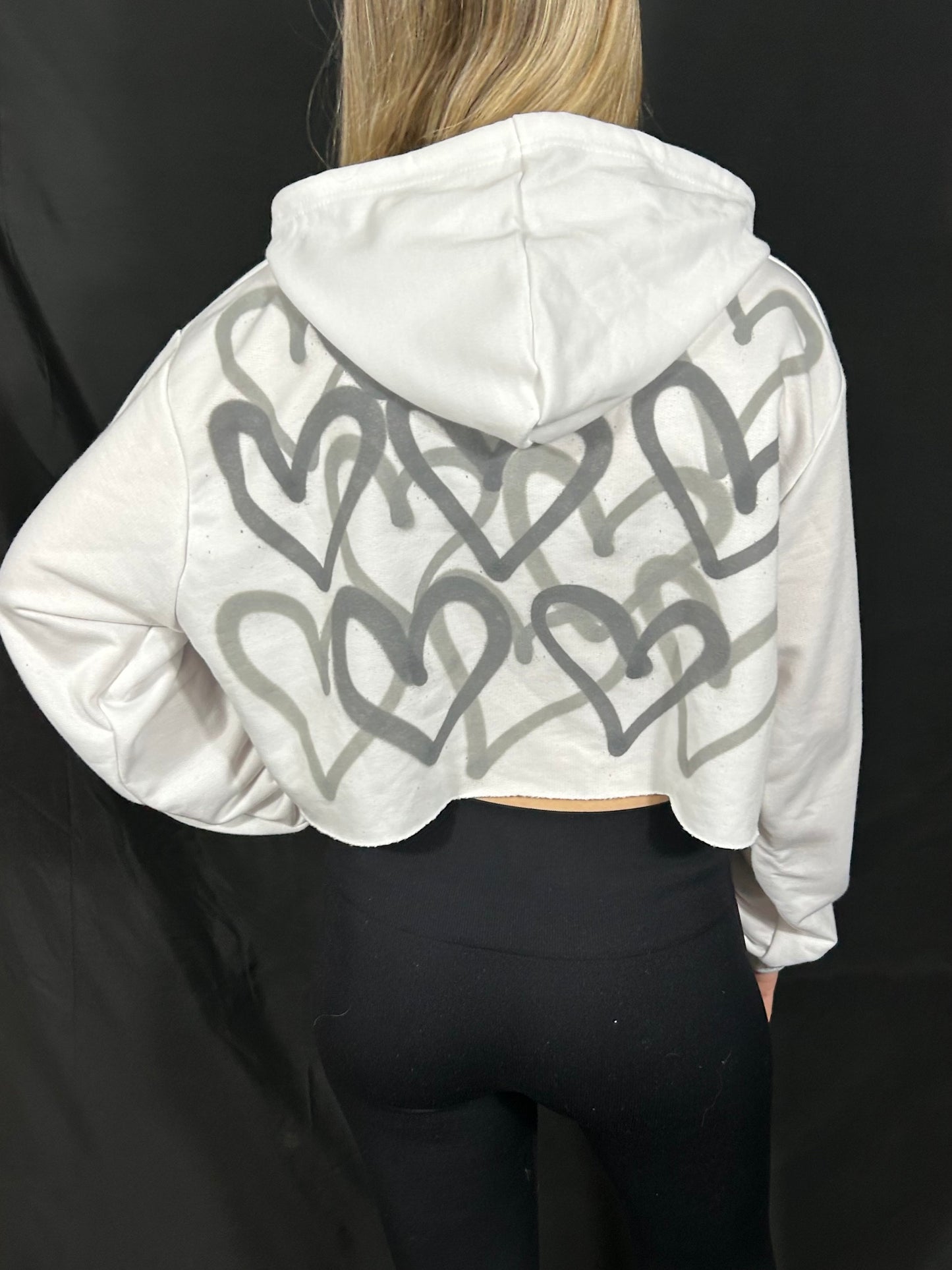 Cropped Hoodie with Grey Graffiti Spray Hearts