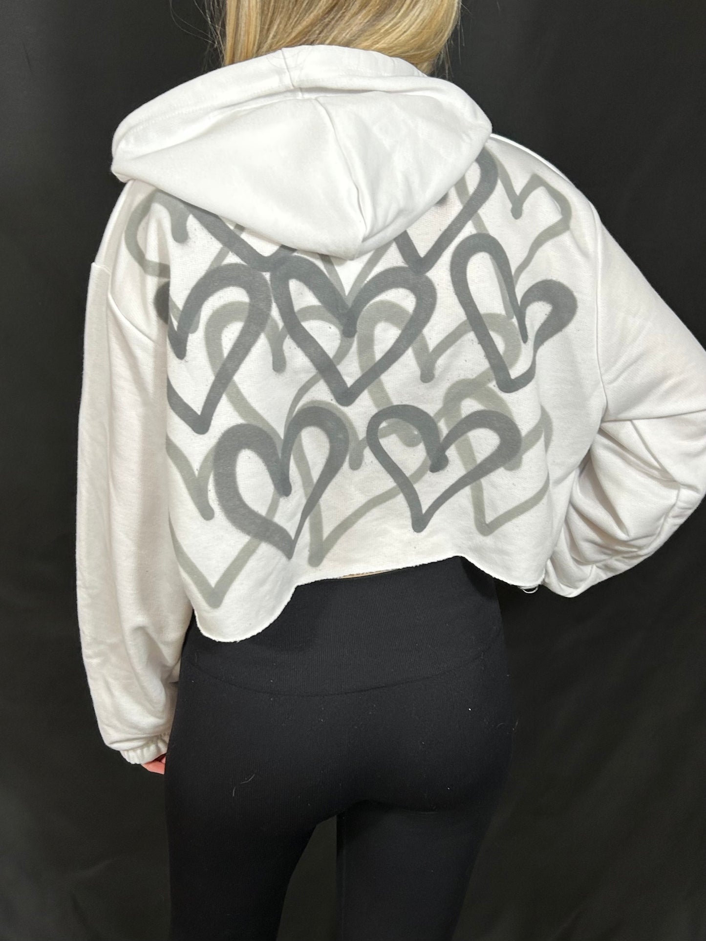 Cropped Hoodie with Grey Graffiti Spray Hearts