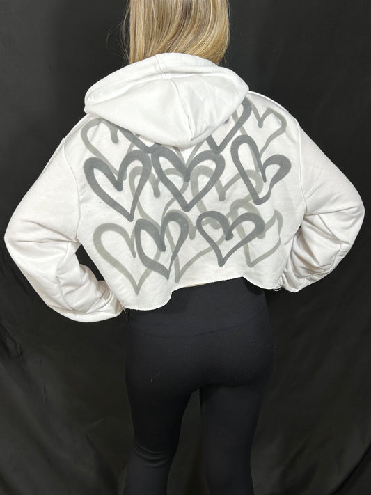 Cropped Hoodie with Grey Graffiti Spray Hearts