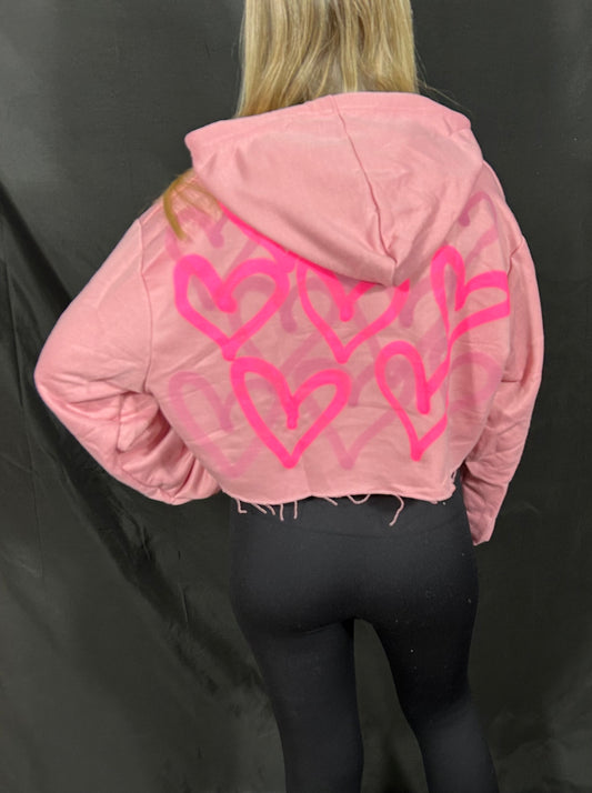 Cropped Hoodie with Pink Graffiti Spray Hearts