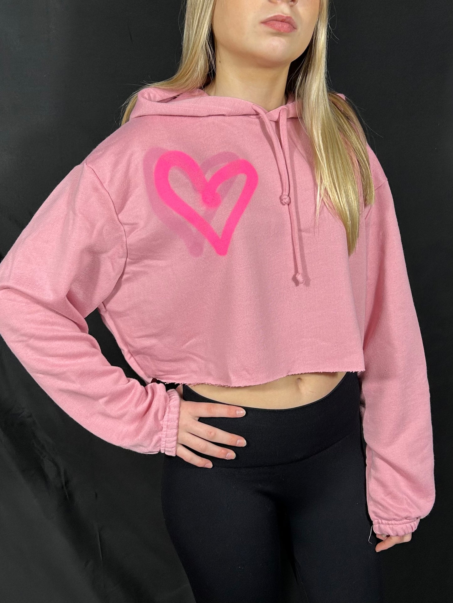 Cropped Hoodie with Pink Graffiti Spray Hearts