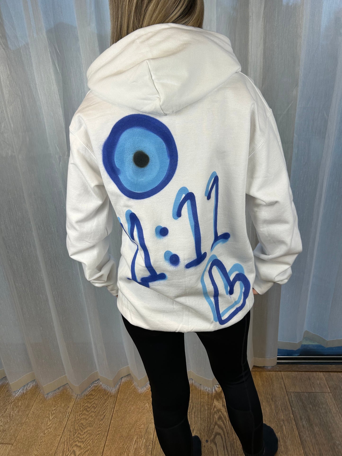 Hoodie with Blue Evil Eye, 11:11 & Heart Graffiti Spray