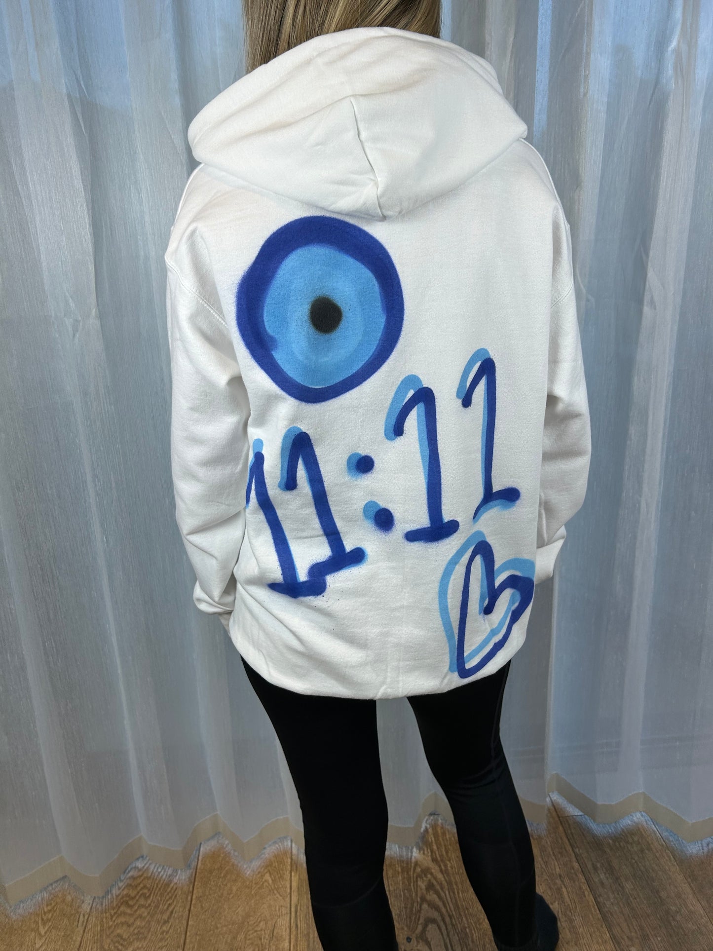 Hoodie with Blue Evil Eye, 11:11 & Heart Graffiti Spray