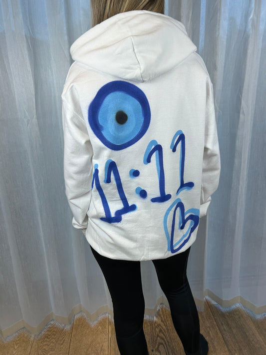 Hoodie with Blue Evil Eye, 11:11 & Heart Graffiti Spray