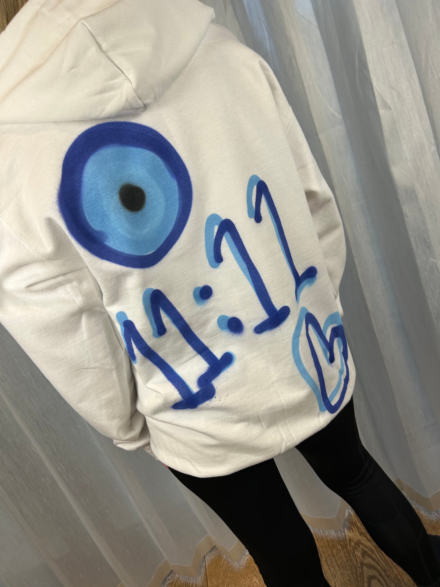 Hoodie with Blue Evil Eye, 11:11 & Heart Graffiti Spray