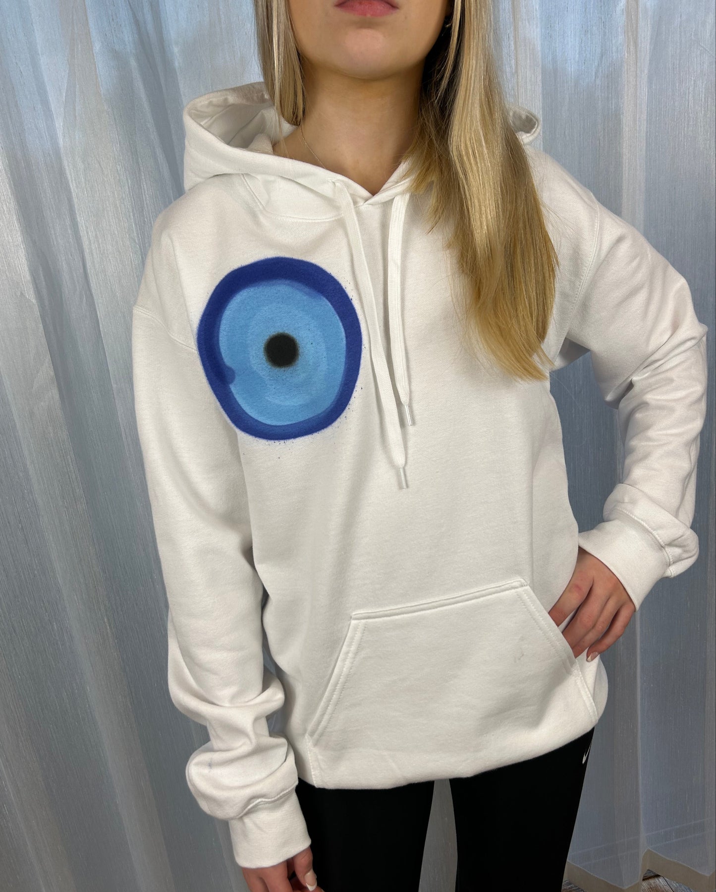 Hoodie with Blue Evil Eye, 11:11 & Heart Graffiti Spray