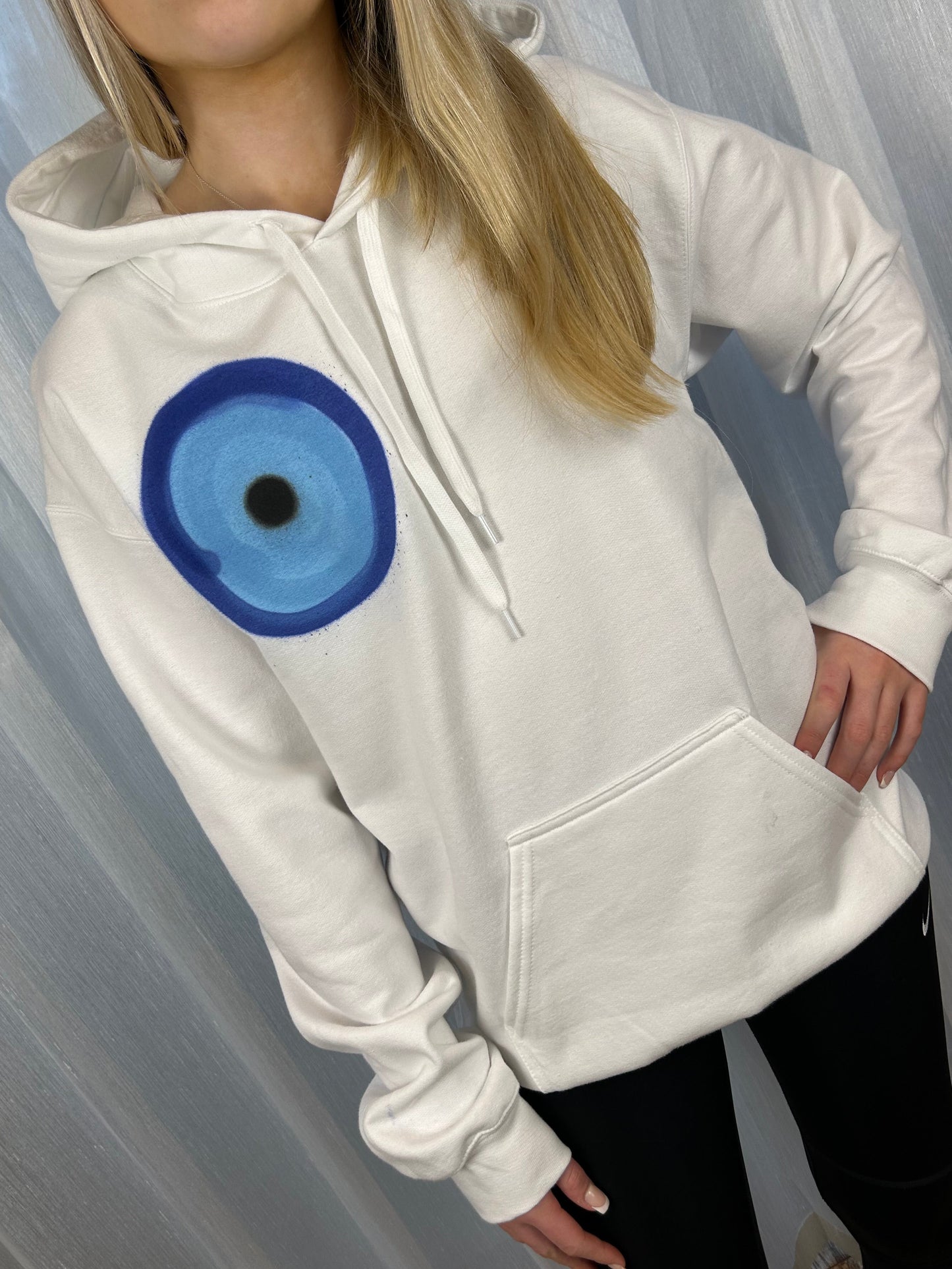 Hoodie with Blue Evil Eye, 11:11 & Heart Graffiti Spray