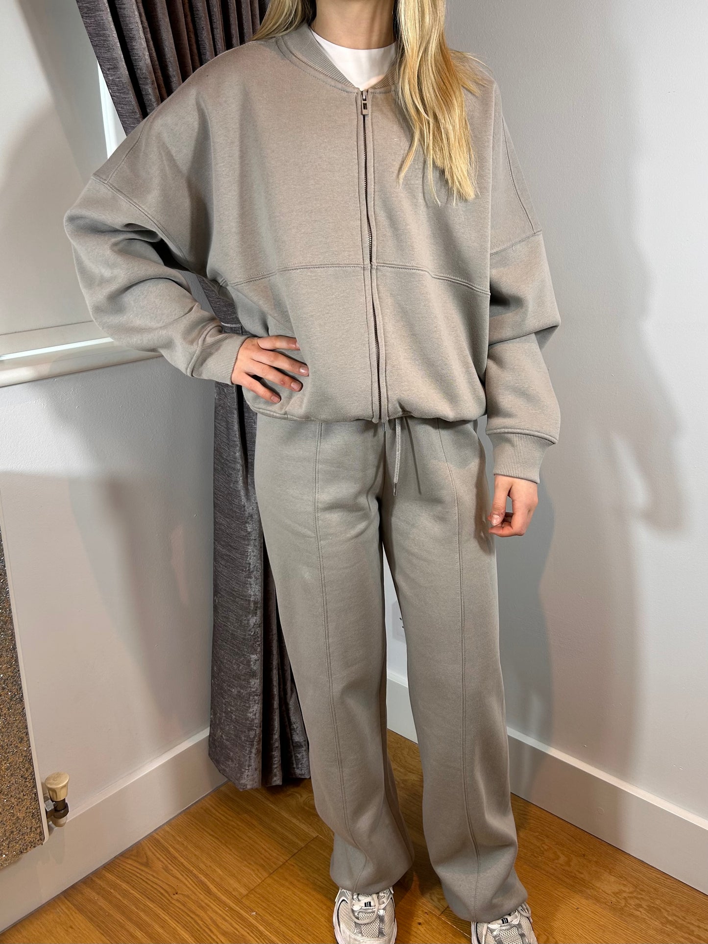 Dove Grey Bomber Co Ord Sweatshirt with Straight Leg Jogger
