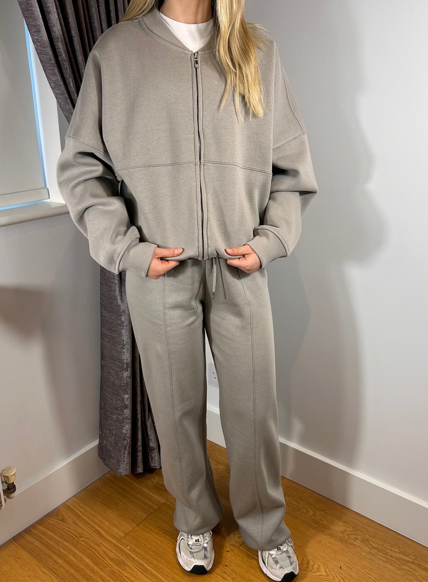 Dove Grey Bomber Co Ord Sweatshirt with Straight Leg Jogger