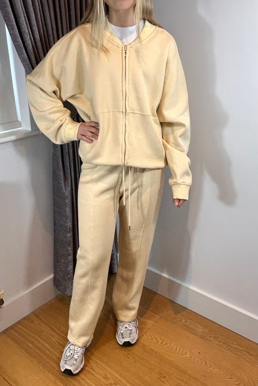 Beige/Oatmeal Bomber Co Ord Sweatshirt with Straight Leg Jogger