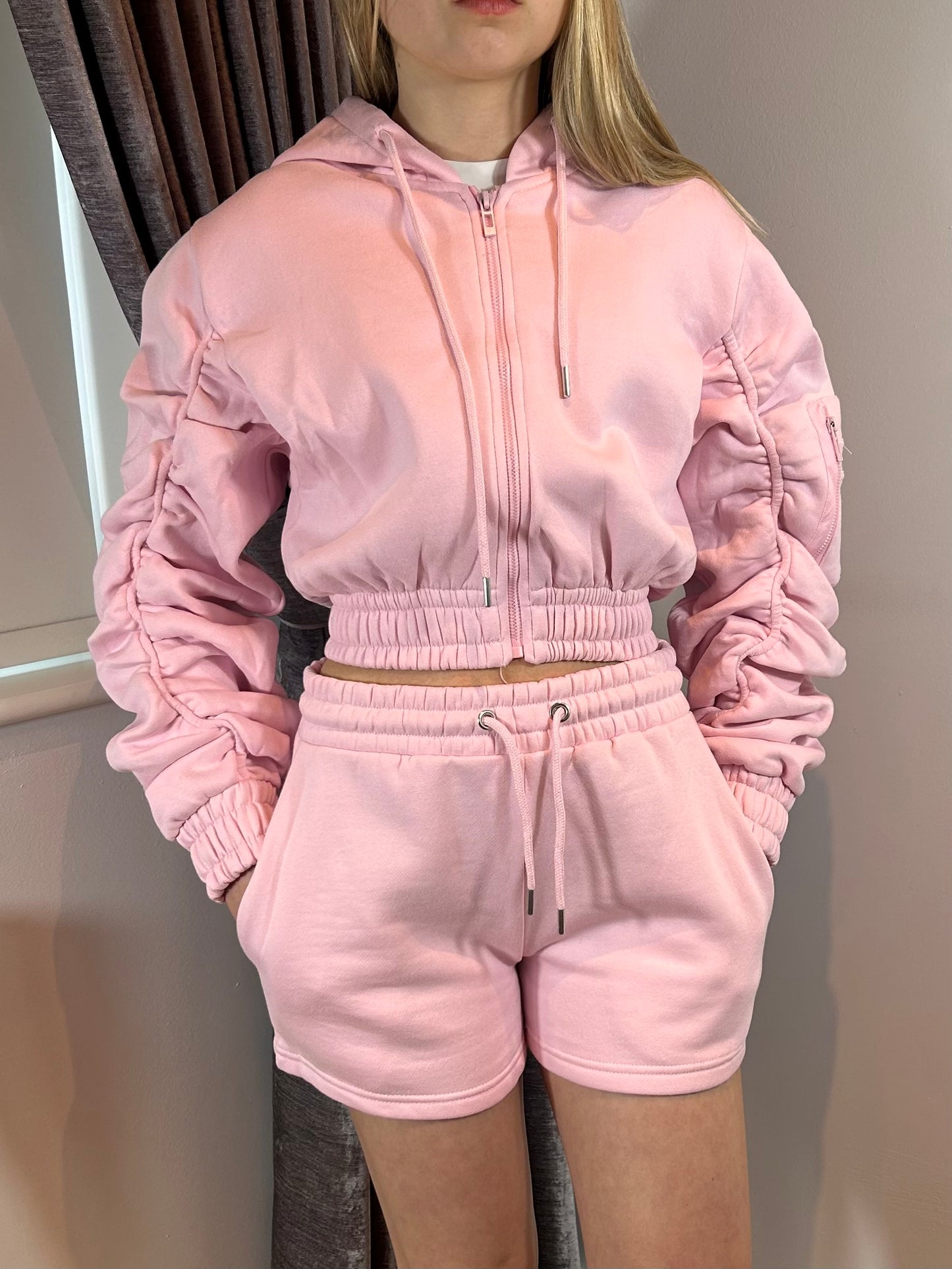 Cropped Zip Up Ruched Sleeve Hoodie & Short Co Ord Set - Pink
