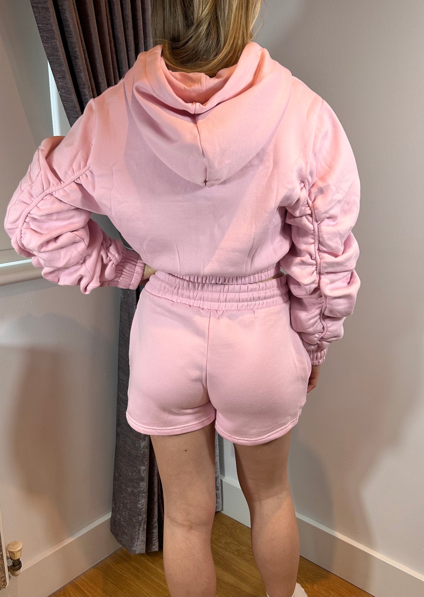 Cropped Zip Up Ruched Sleeve Hoodie & Short Co Ord Set - Pink