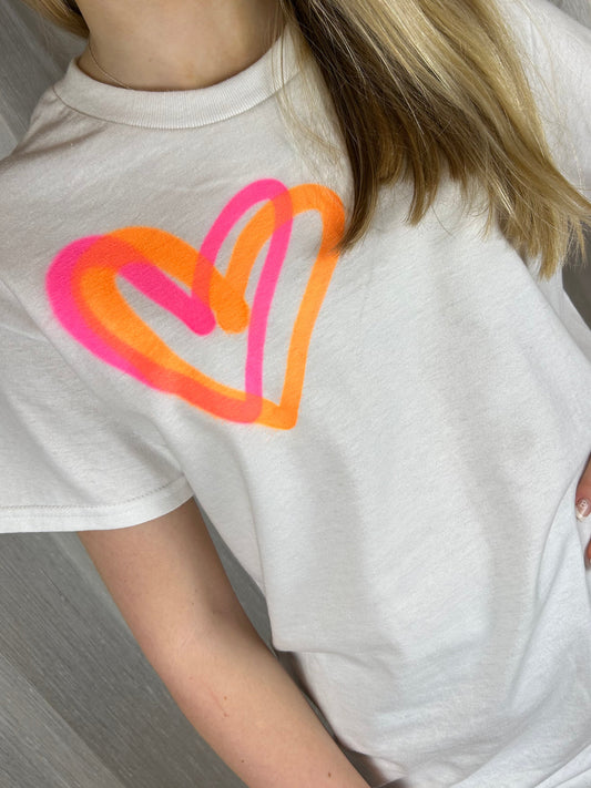 T Shirt with Neon Orange/Neon Pink Graffiti Heart Spray