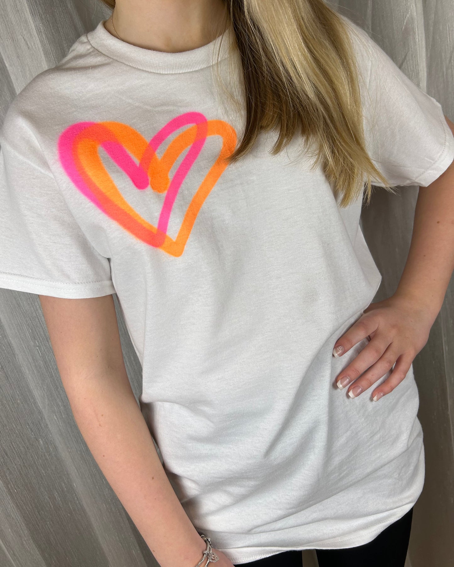 T Shirt with Neon Orange/Neon Pink Graffiti Heart Spray