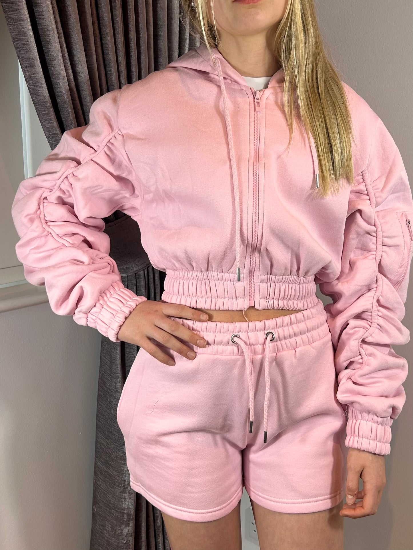 Cropped Zip Up Ruched Sleeve Hoodie & Short Co Ord Set - Pink