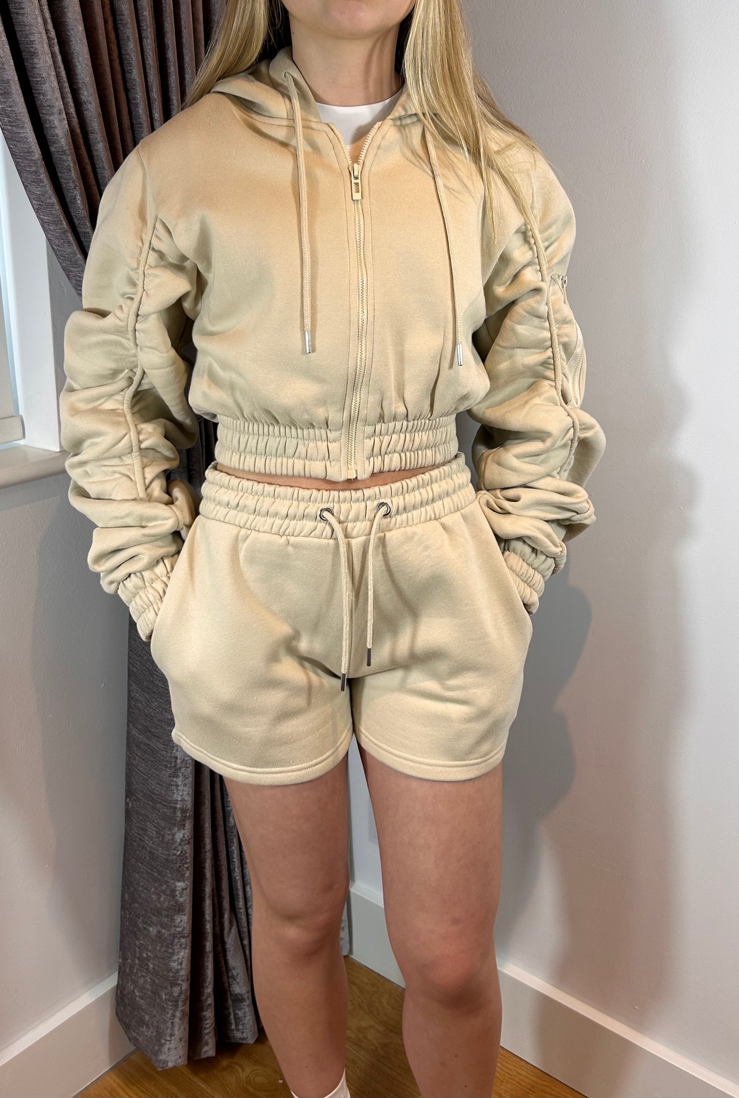 Cropped Zip Up Ruched Sleeve Hoodie & Short Co Ord Set - Stone/Beige