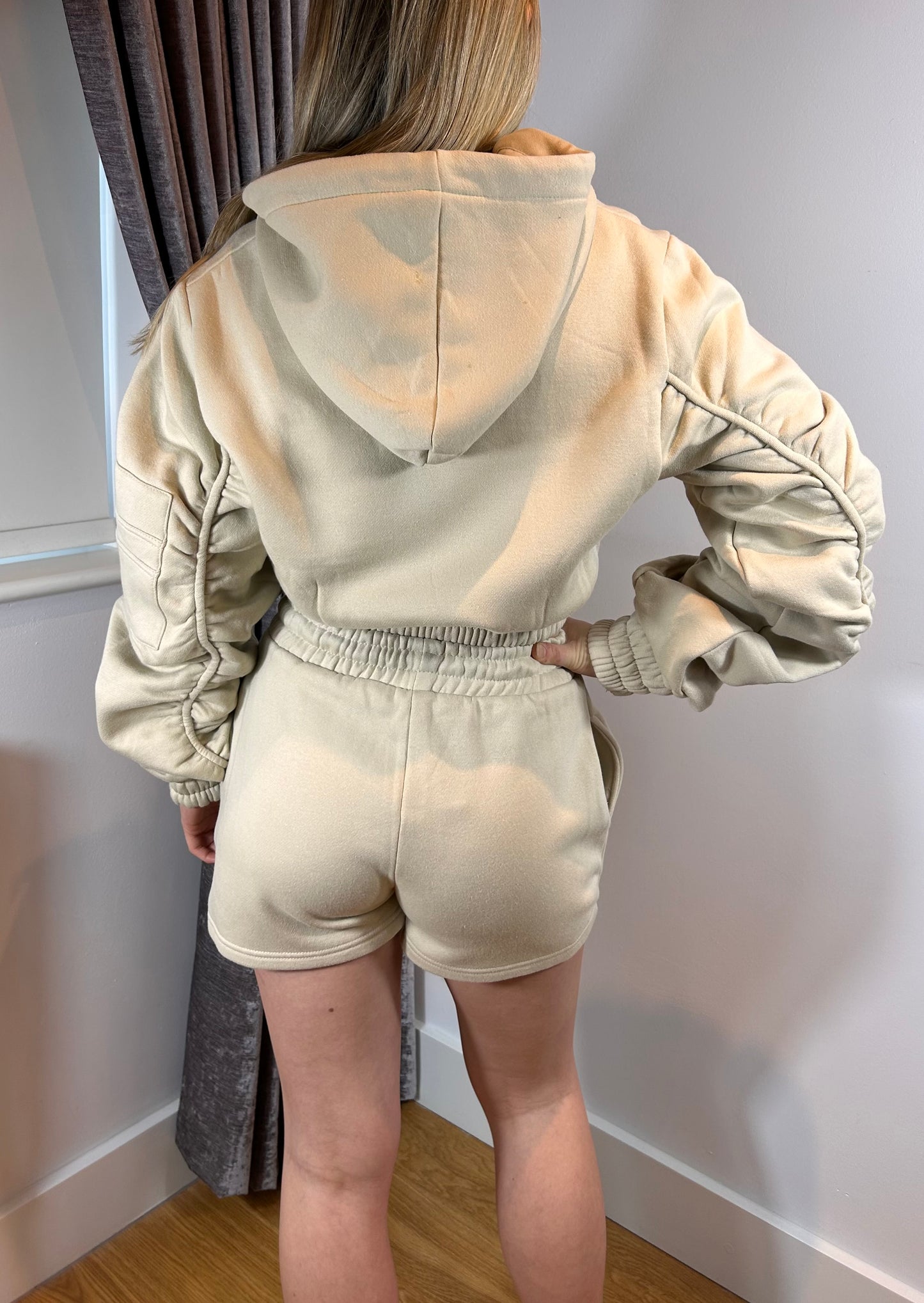 Cropped Zip Up Ruched Sleeve Hoodie & Short Co Ord Set - Stone/Beige