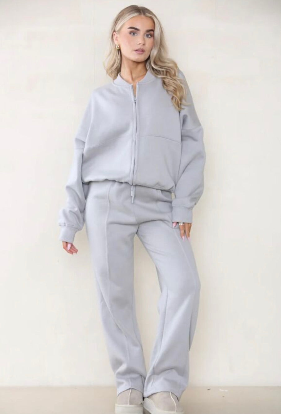 Dove Grey Bomber Co Ord Sweatshirt with Straight Leg Jogger