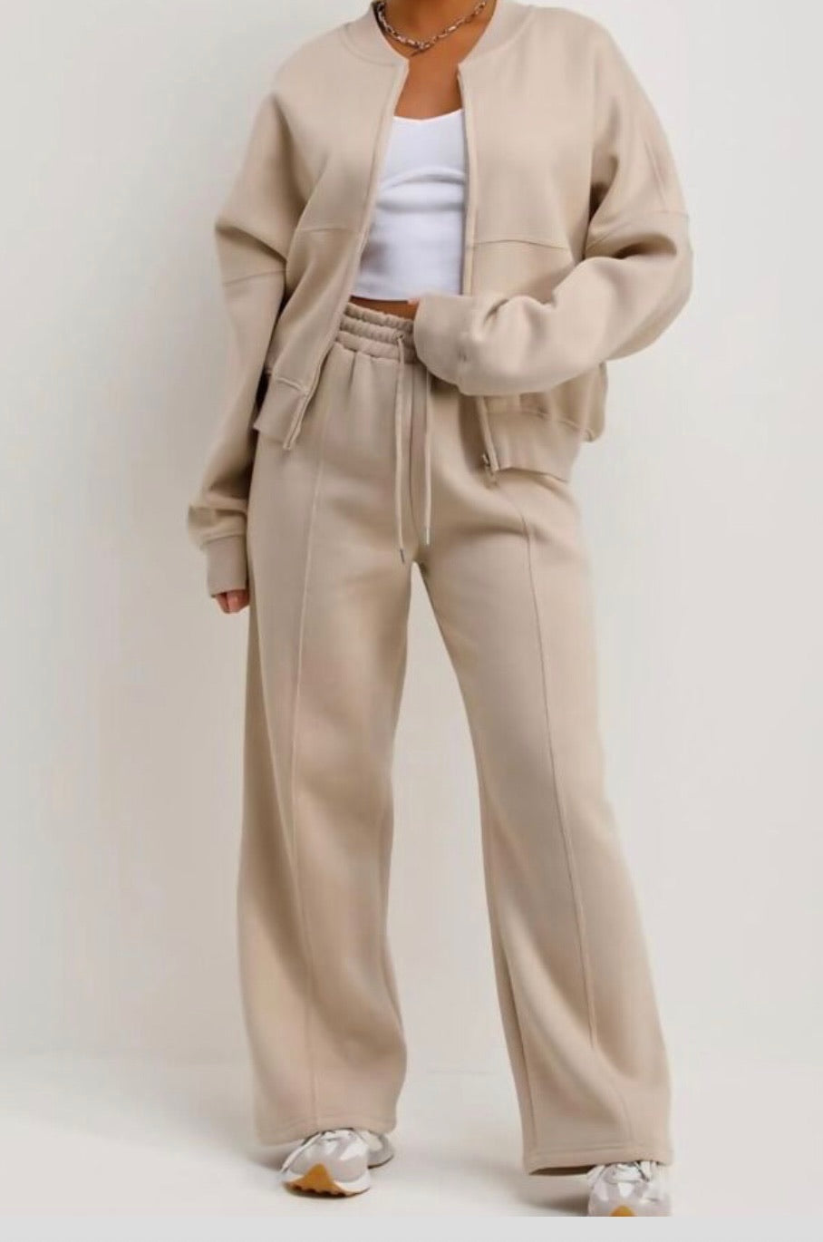 Beige/Oatmeal Bomber Co Ord Sweatshirt with Straight Leg Jogger