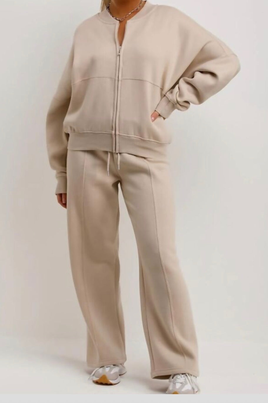 Beige/Oatmeal Bomber Co Ord Sweatshirt with Straight Leg Jogger
