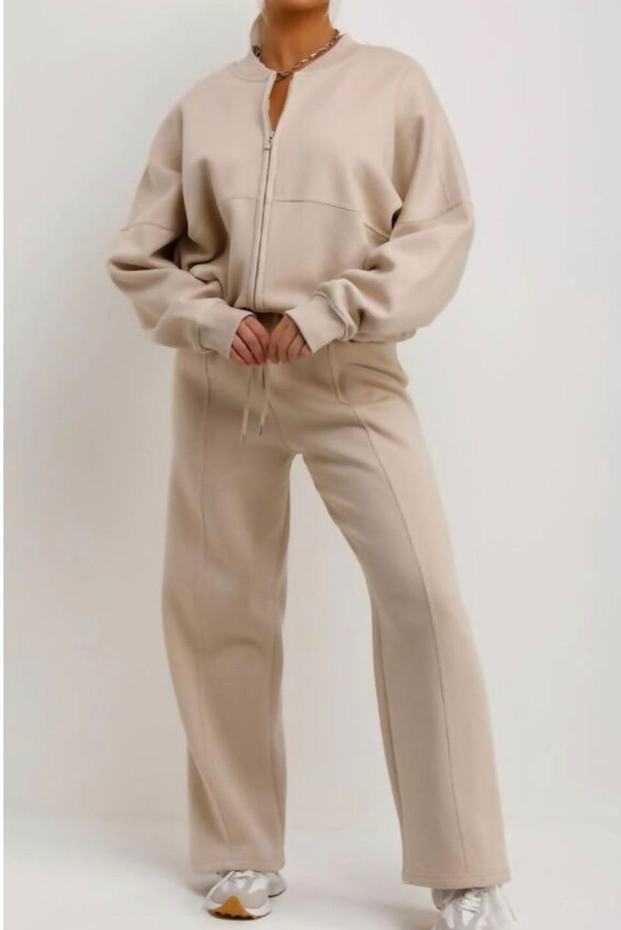 Beige/Oatmeal Bomber Co Ord Sweatshirt with Straight Leg Jogger