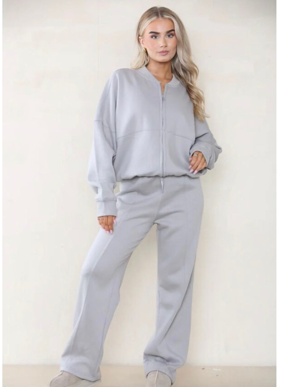 Beige/Oatmeal Bomber Co Ord Sweatshirt with Straight Leg Jogger